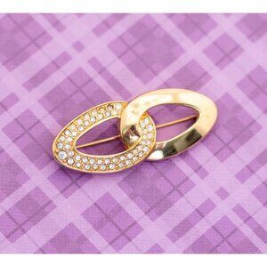Vintage Twin Oval Linked Rhinestones Gold Tone Brooch by SAL - V4